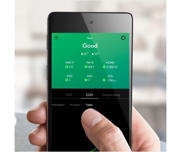 A model using the MyDyson app to monitor their home's air.