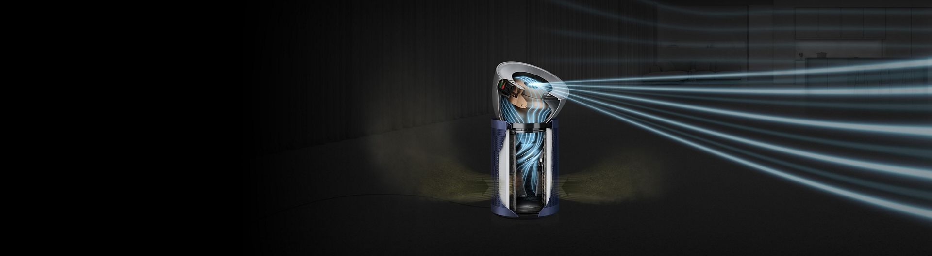 Makinenin içindeki ve dışındaki hava akışını mavi çizgilerle gösteren Dyson Purifier Big+Quiet Formaldehyde'ın kesit görünümü.