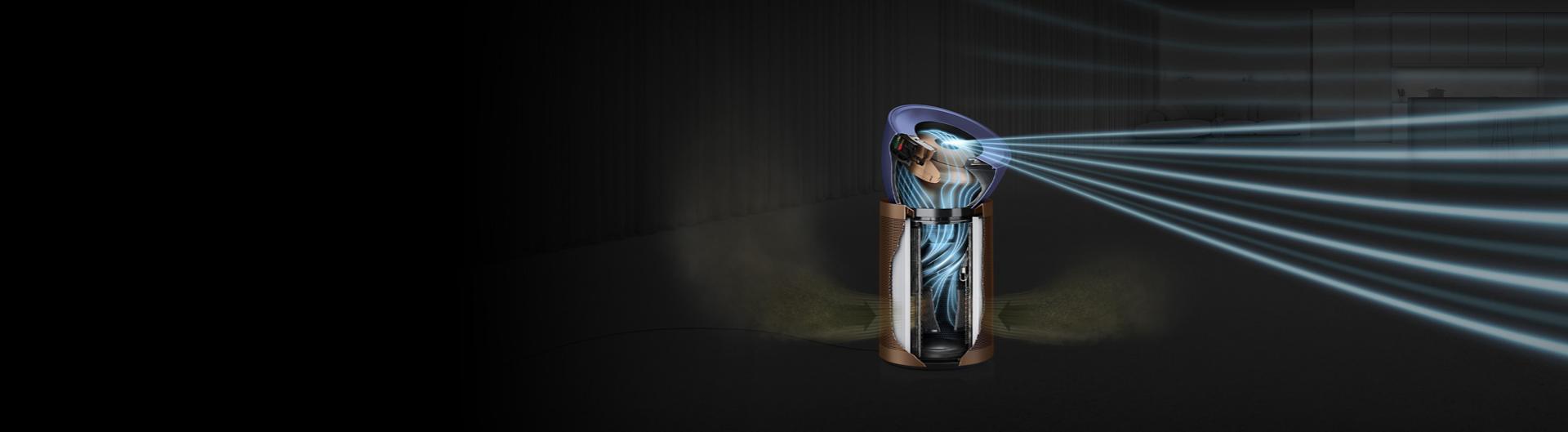 Cutaway of the Dyson Purifier Big+Quiet Formaldehyde using blue lines to show airflow inside and outside the machine.