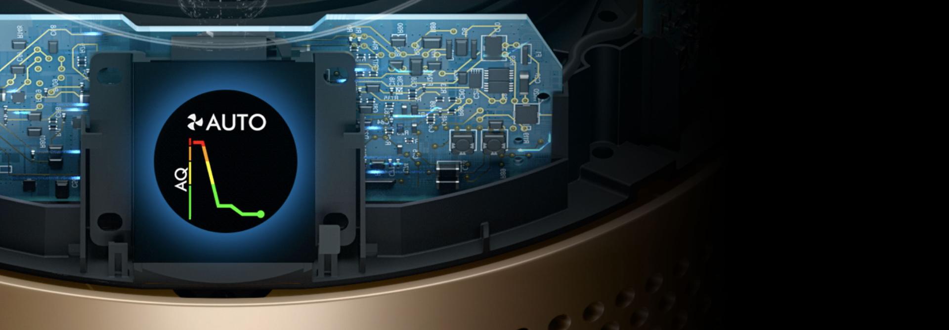 لقطة جانبية لجهاز دايسون لتنقية الهواء تعرض المستشعرات المدمجة وشاشة LCD.