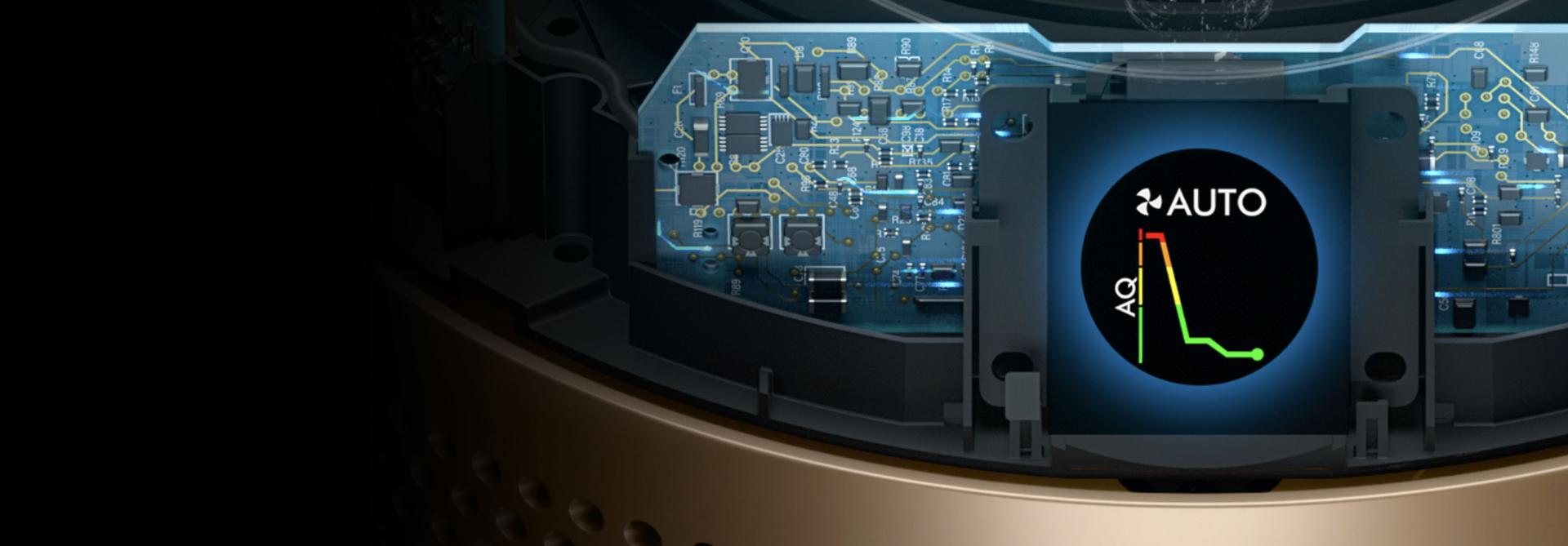 A cutaway of a Dyson purifier showing the integrated sensors and LCD screen.