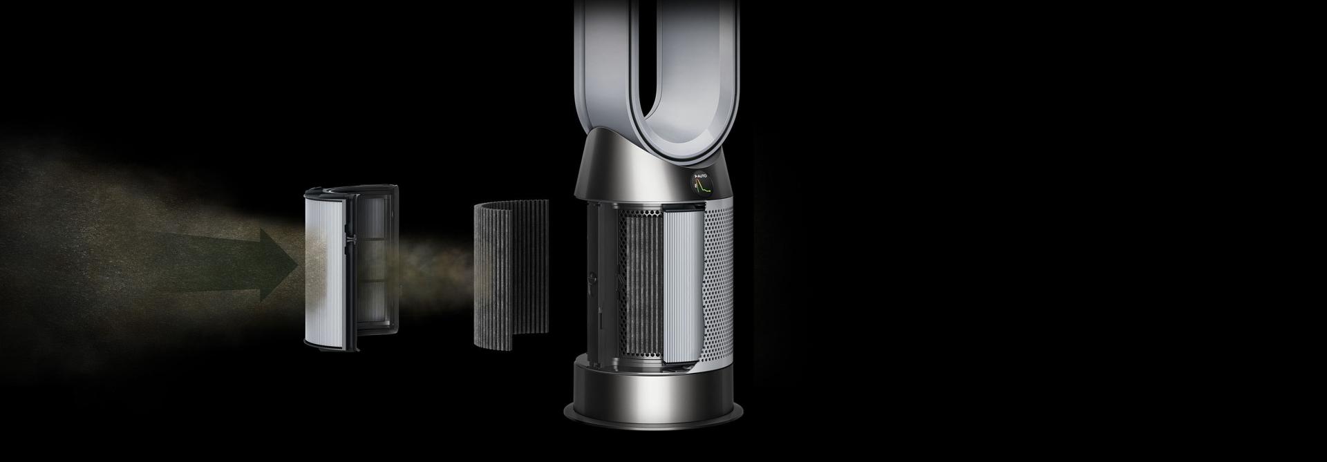 لقطة جانبية لفلتر HEPA H13 بجهاز دايسون لتنقية الهواء، وهو يلتقط الجسيمات.