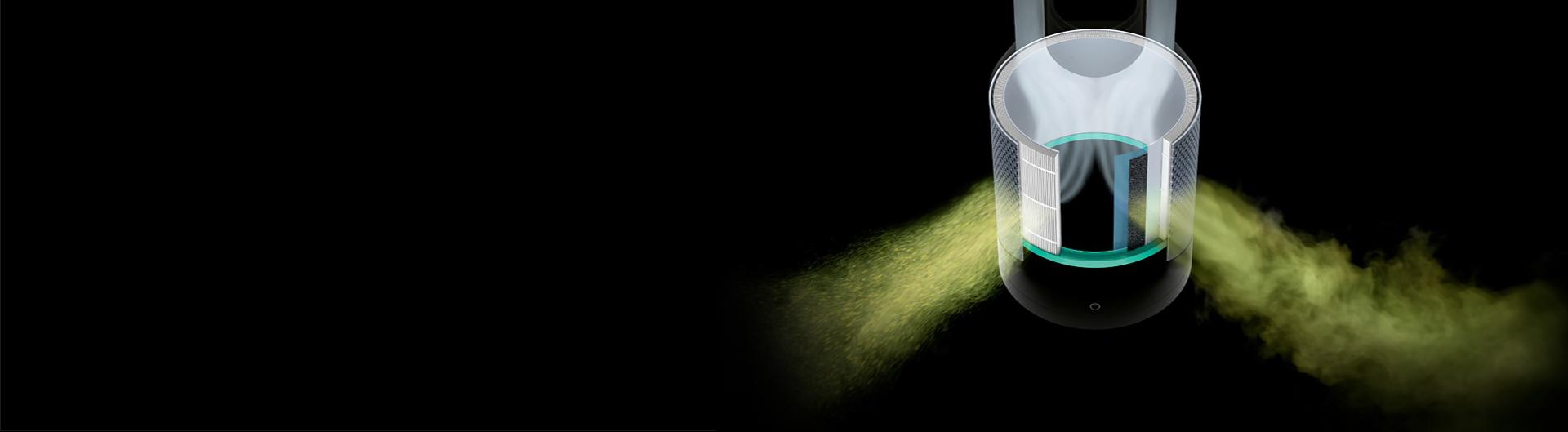 A cutaway graphic of a second generation Dyson 360 Glass HEPA filter capturing contaminants.