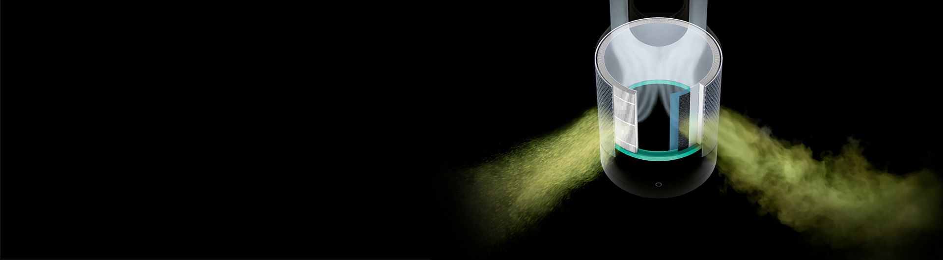 A cutaway graphic of a second generation Dyson 360 Glass HEPA filter capturing contaminants.