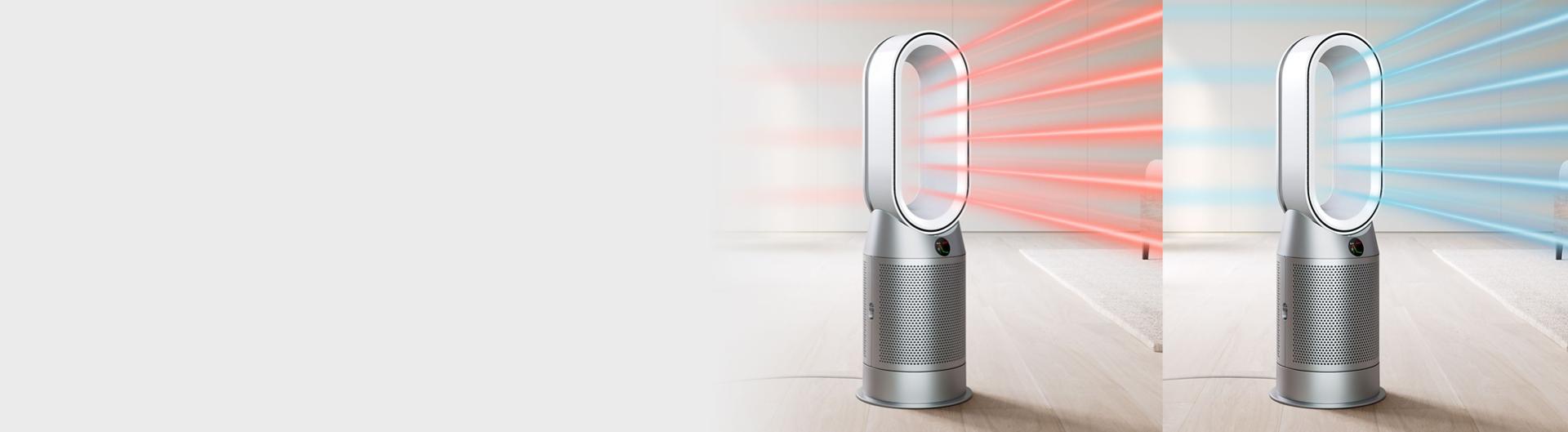 Two Dyson Purifier Hot+Cool purifying fan heaters in a room showing their heating and cooling functions.