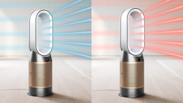 The Dyson Purifier Hot+Cool Formaldehyde with graphics representing cooling and heating airflow.