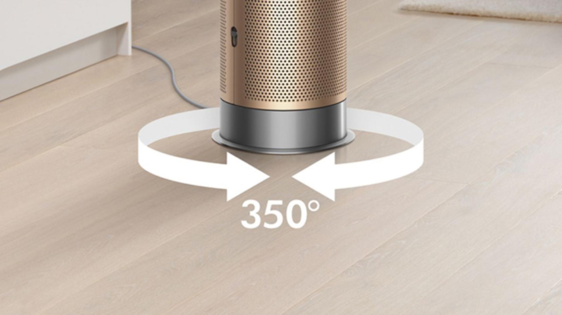 The Dyson Purifier Hot+Cool Formaldehyde with graphics showing 350 degree oscillation.