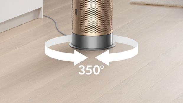 The Dyson Purifier Hot+Cool Formaldehyde with graphics showing 350 degree oscillation.