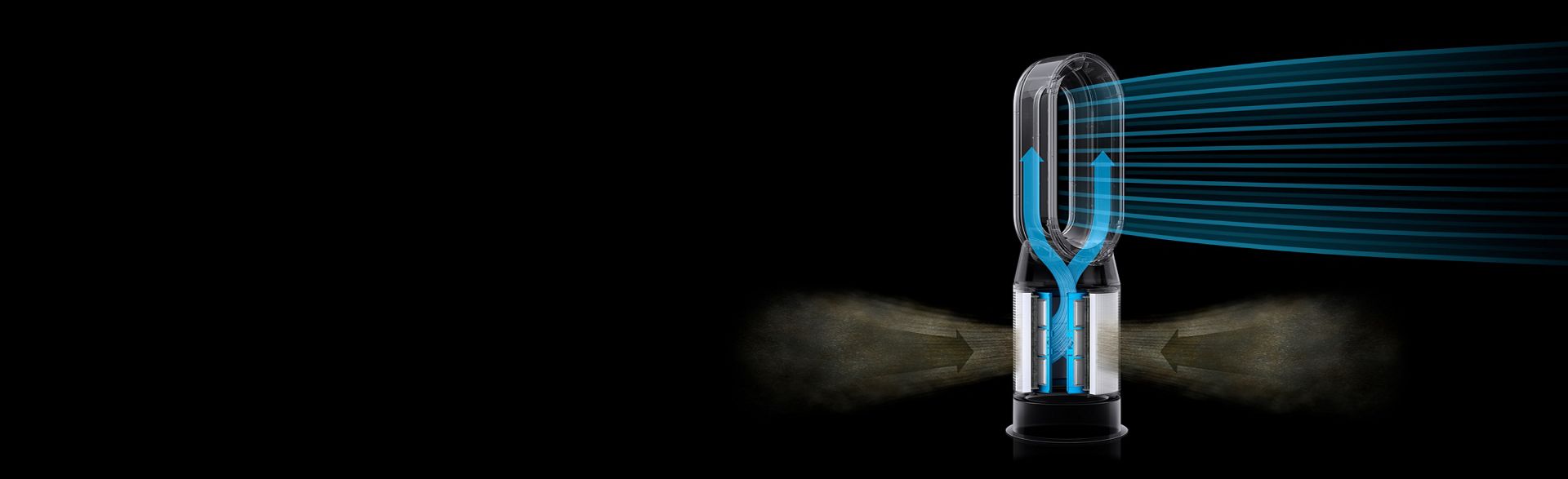 Cutaway of the Dyson Purifier Hot+Cool Formaldehyde showing airflow paths inside the machine. 