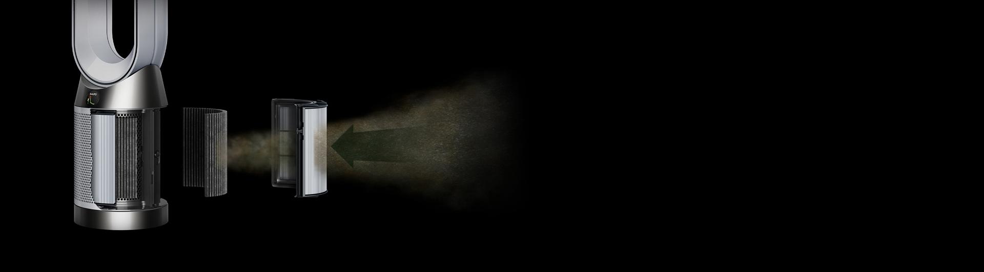 مشهد انفجاري يُوضح ملوثات مُصفَّفة عبر طبقتين من الفلترة.