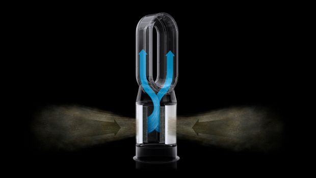 A graphic showing a Dyson purifier keeping contaminants sealed within the machine.