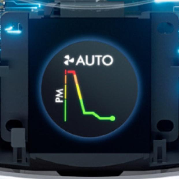 A close up of the LCD screen on a Dyson Purifier Hot+Cool Gen1 purifying fan heater.