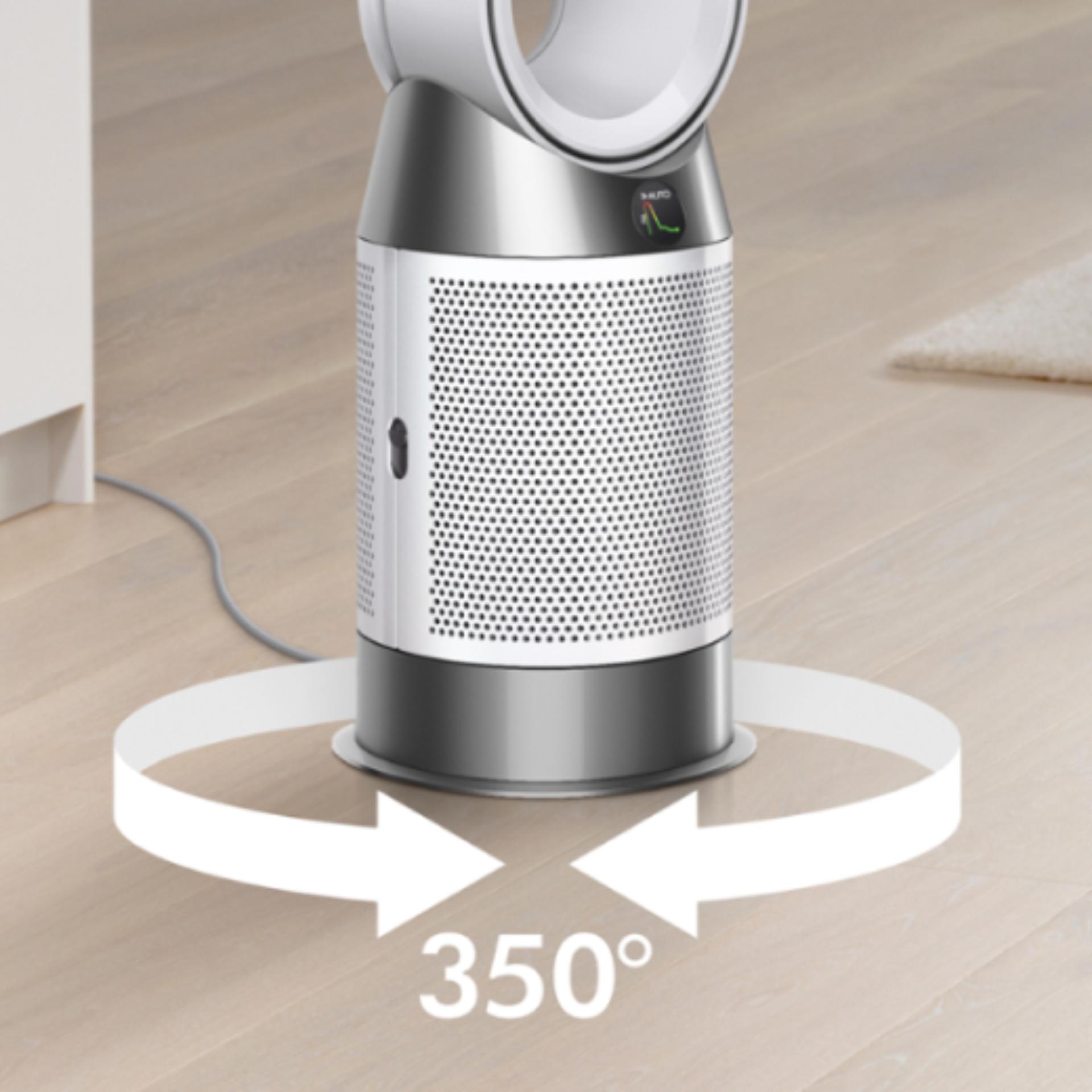 Dyson Purifier Hot+Cool Gen1 purifying fan heater with graphics showing 350 degrees of oscillation.