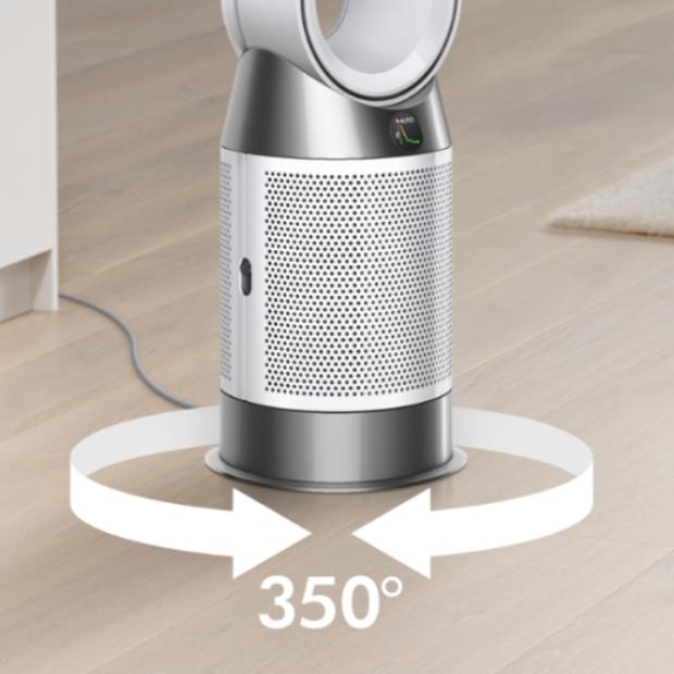 Dyson Purifier Hot+Cool Gen1 purifying fan heater with graphics showing 350 degrees of oscillation.