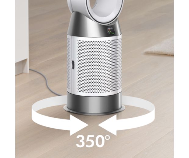 Dyson Purifier Hot+Cool Gen1 purifying fan heater with graphics showing 350 degrees of oscillation.