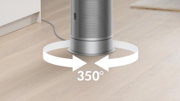 A graphic shows the Dyson Purifier Hot+Cool purifying fan heater's range of oscillation.