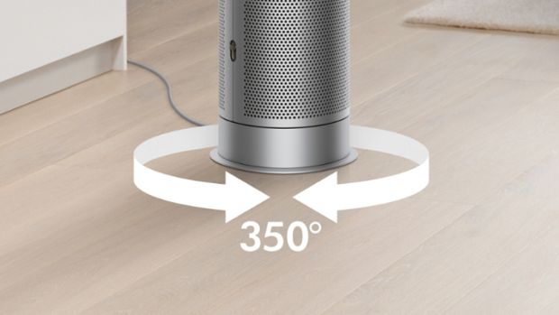 A graphic shows the Dyson Purifier Hot+Cool purifying fan heater's range of oscillation.