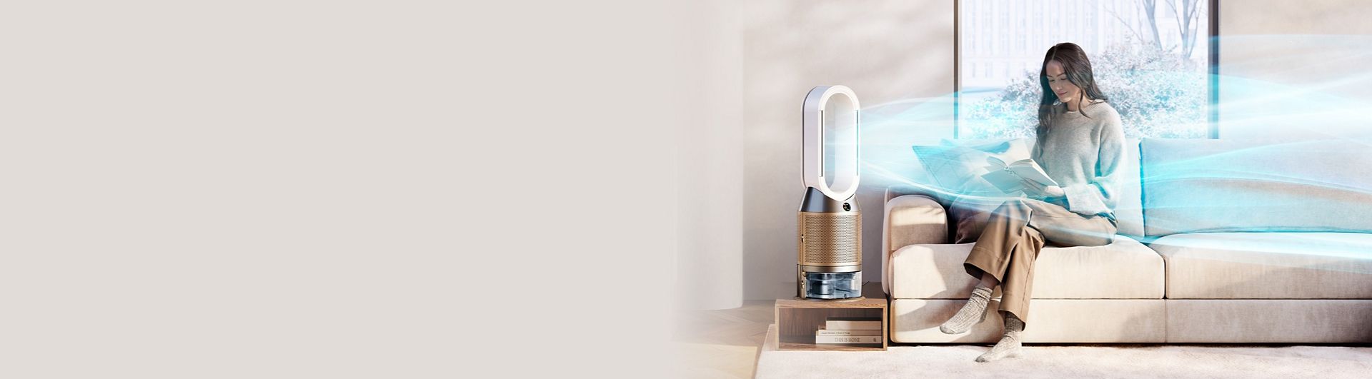 The Dyson Purifier Cool Formaldehyde in a living room with graphics representing pollutants and clean air.