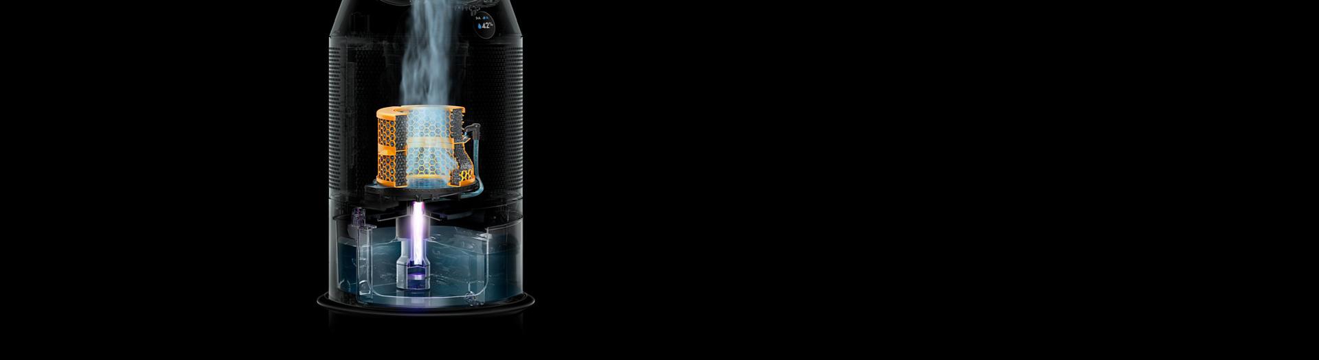 لقطة جانبية مُقرَّبة توضح تكنولوجيا التطهير بالأشعة فوق البنفسجية أثناء عملها.