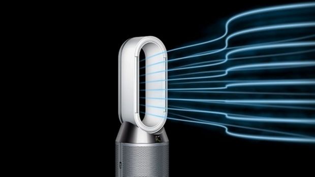 جهاز Dyson Purifier Humidify + Cool Autoreact مع رسومات توضح تدفق الهواء.
