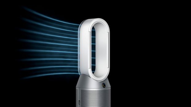 جهاز Dyson Purifier Humidify + Cool Autoreact مع رسومات توضح تدفق الهواء من الخلف.