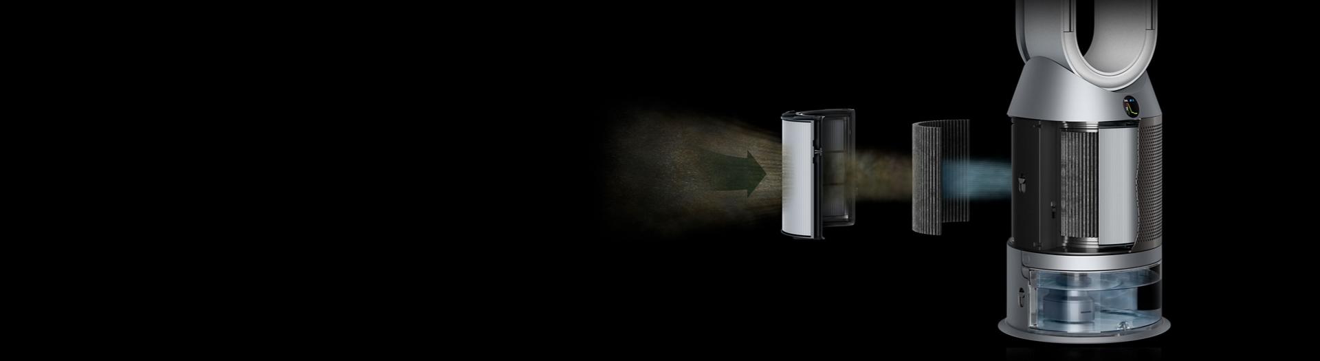 Close-up exploding view showing the purifier humidifier's different layers of filtration.