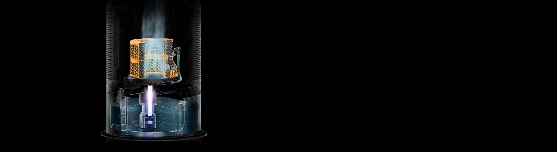 لقطة جانبية مُقرَّبة توضح تكنولوجيا التطهير بالأشعة فوق البنفسجية أثناء عملها.