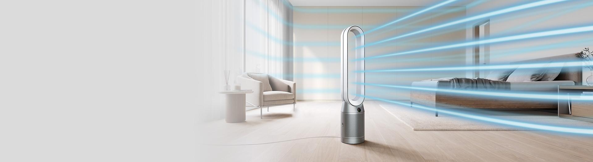 A Dyson Purifier Cool TP07 purifying fan creates powerful, purified airflow in a large room.