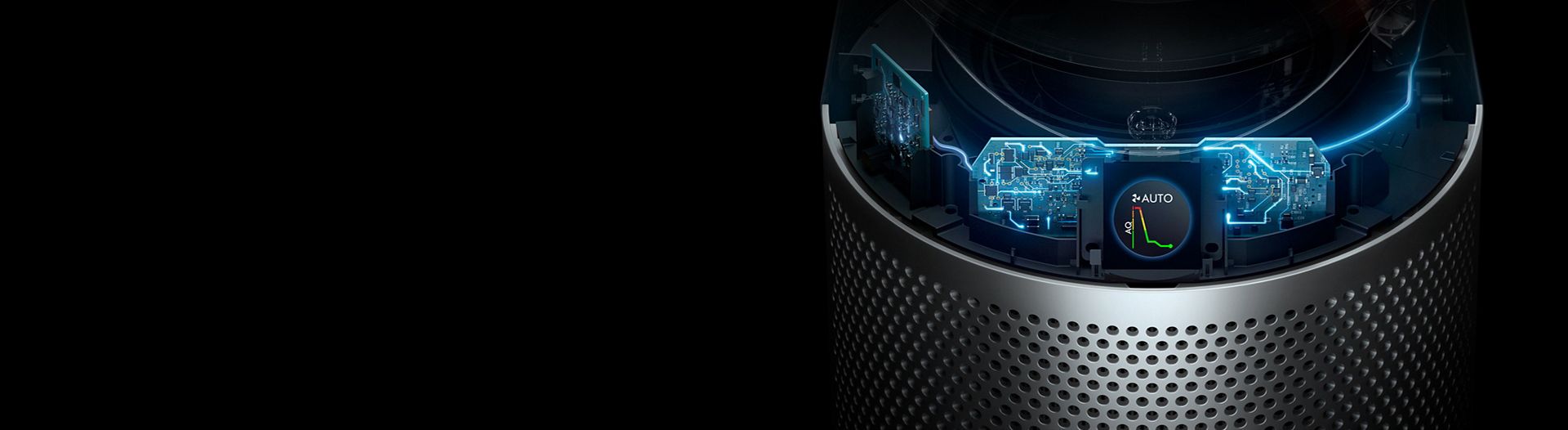 A cutaway graphic showing the internal circuitry of a Dyson purifier.