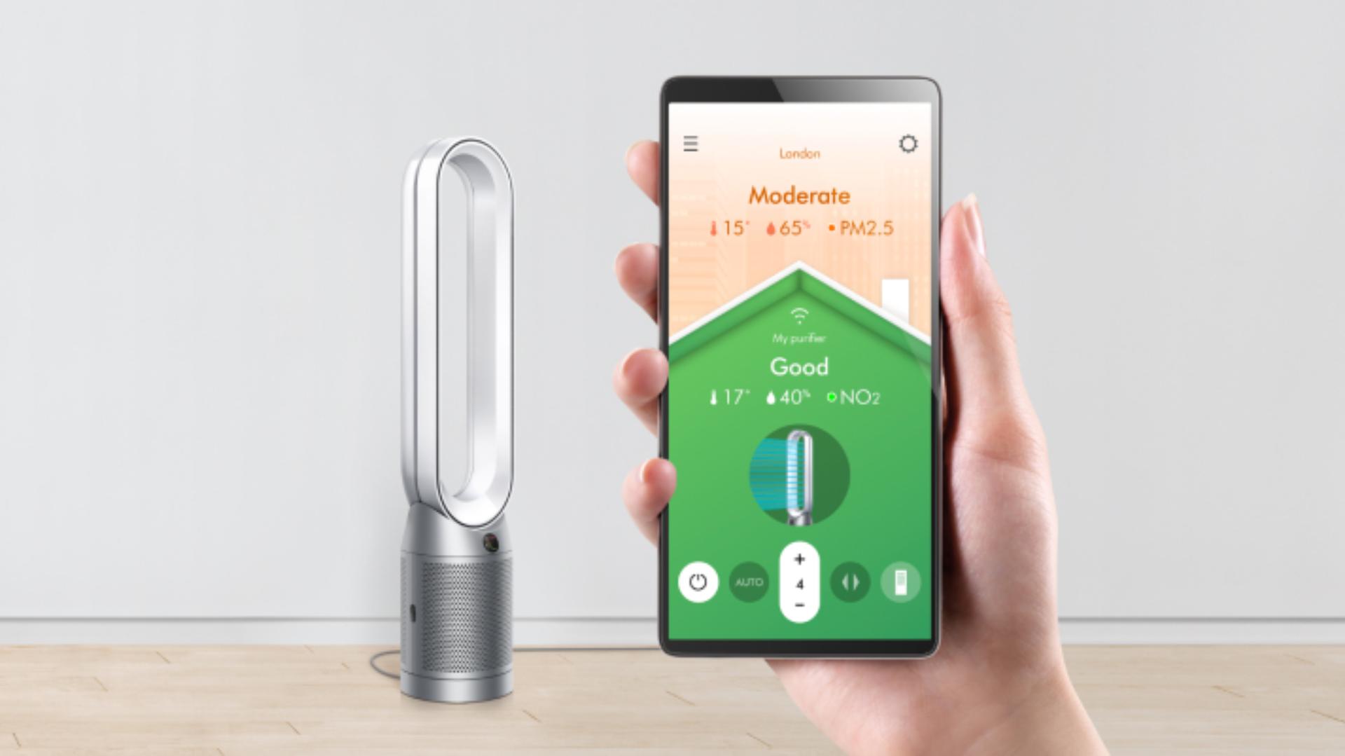 A phone screen with the MyDyson app showing intelligent control features.