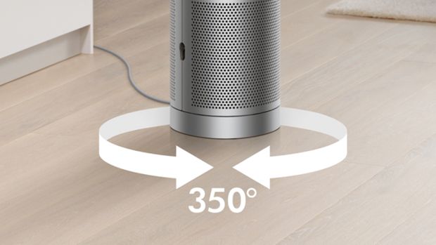 Dyson Purifier Cool 二合一空氣清新機的特寫圖，連擺動角度圖表。