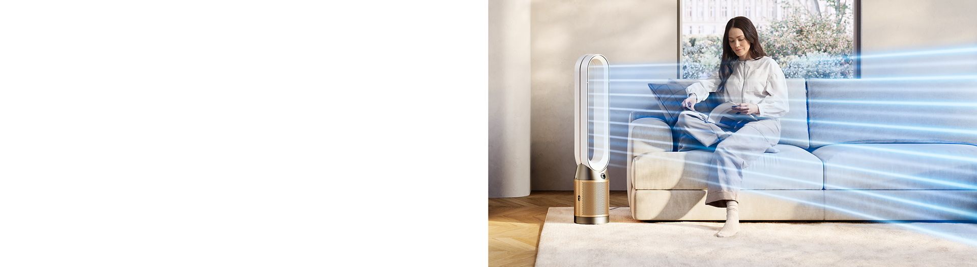 The Dyson Purifier Cool Formaldehyde in a living room with graphics representing pollutants and clean air.