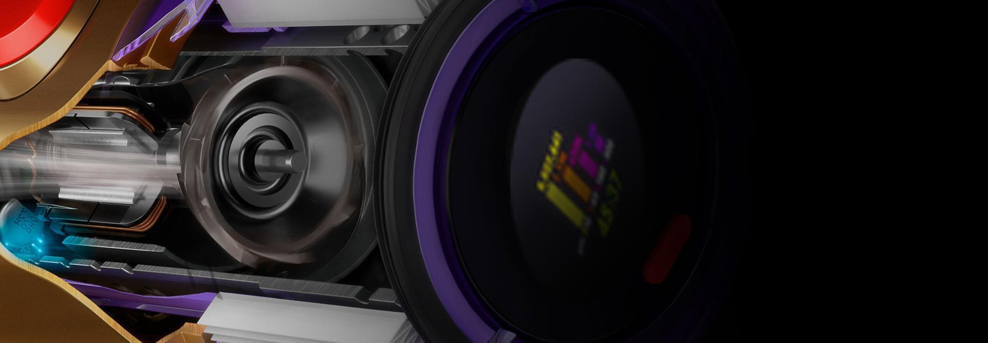 رسم لقطة جانبية لمحرك Dyson Hyperdymium داخل مكنسة لاسلكية.