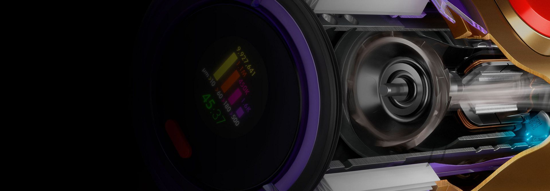 A cutaway graphic of the Dyson Hyperdymium motor inside a cordless vacuum.