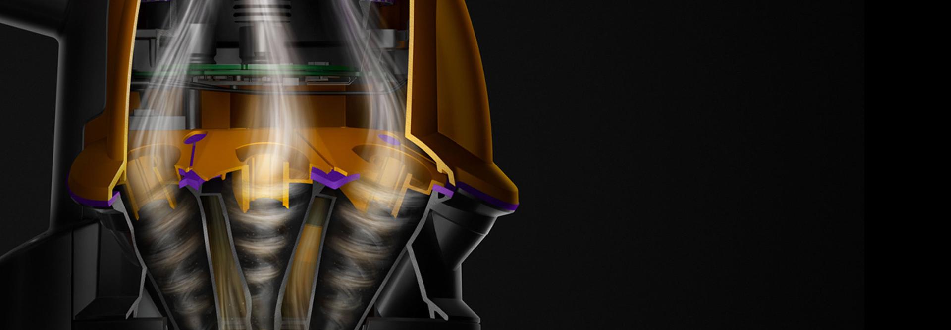 رسم لقطة جانبية لتقنية Dyson Root Cyclone التي تلتقط الغبار والمخلفات.