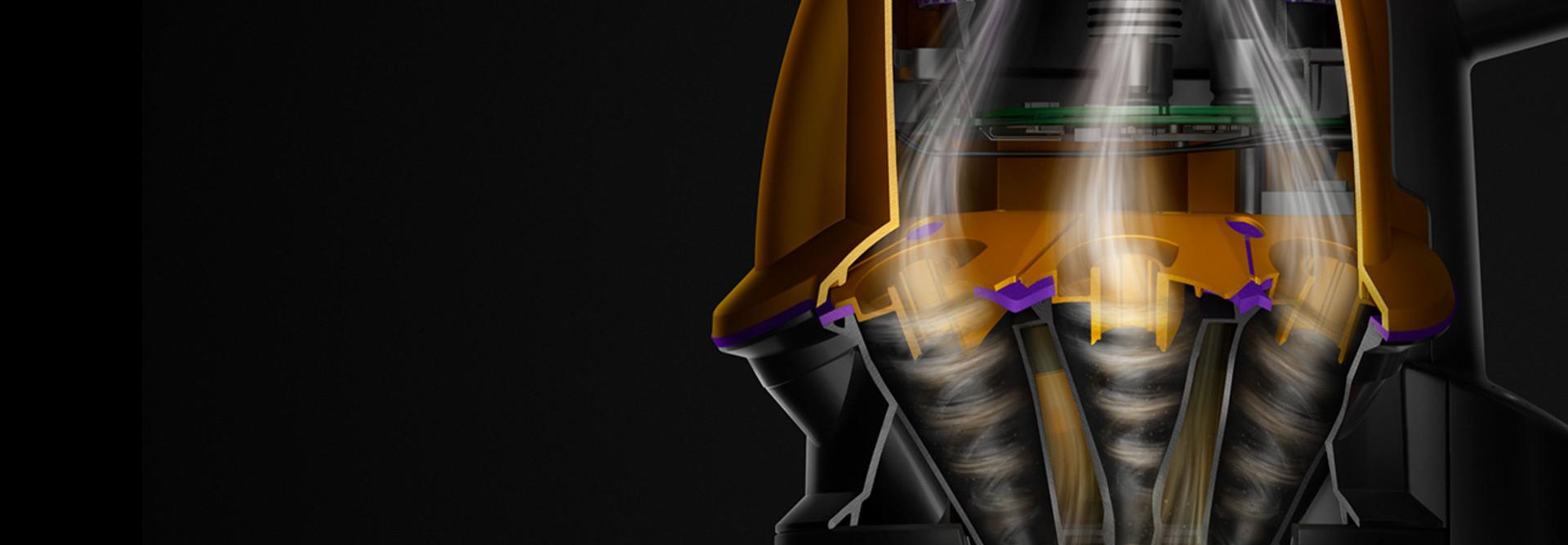 Cutaway graphic of Dyson Root Cyclone technology capturing dust and debris.