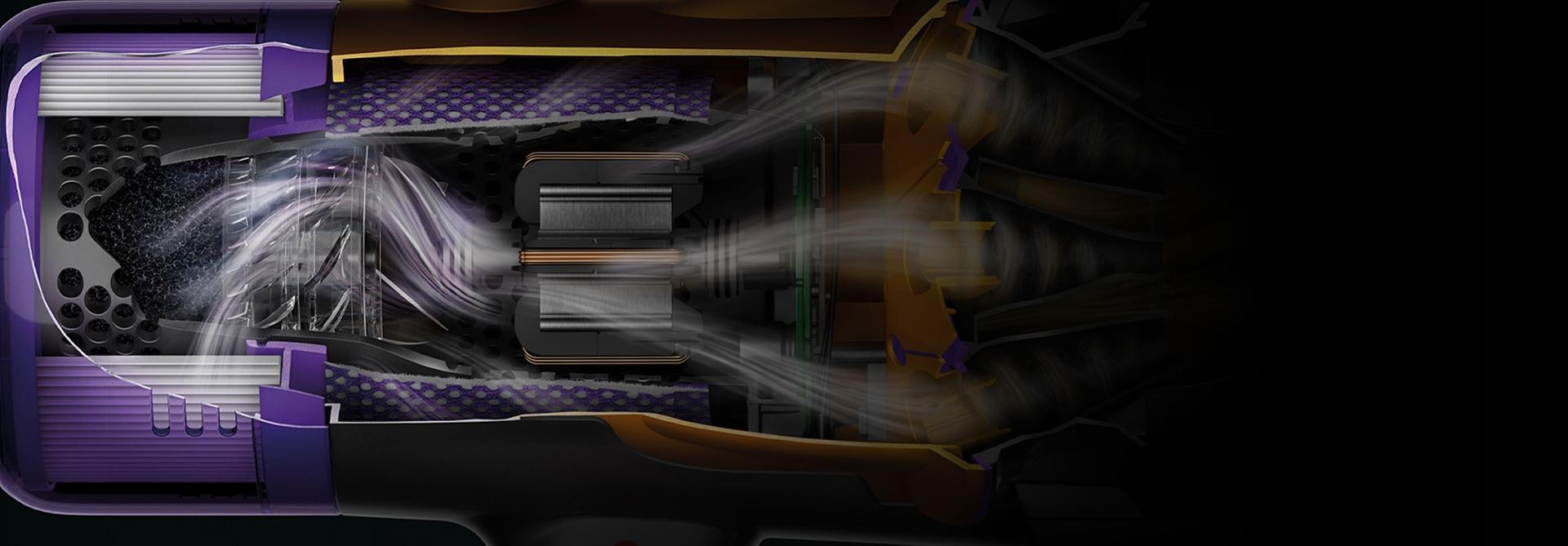 رسم لقطة جانبية لمكنسة دايسون اللاسلكية توضح منظومة الفلترة المُحكَمة تماماً.