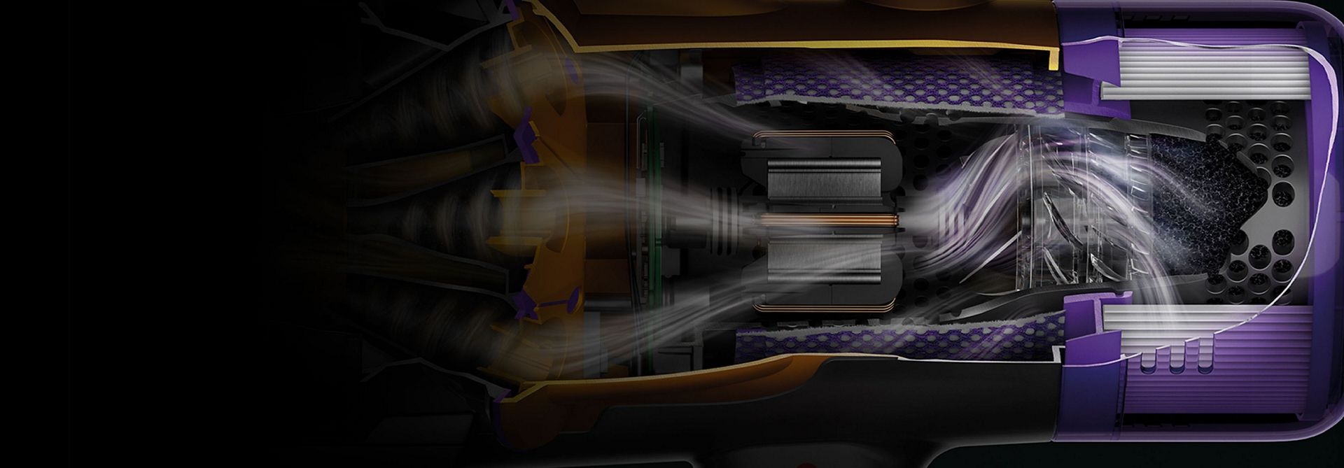 Cutaway graphic of a Dyson cordless vacuum showing the fully-sealed filtration system.