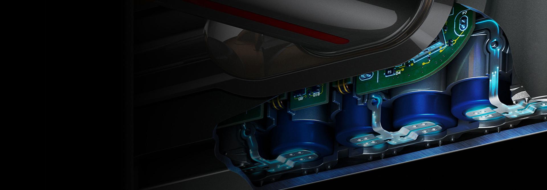 Cutaway graphic of a Dyson battery pack showing the densely packed battery cells.