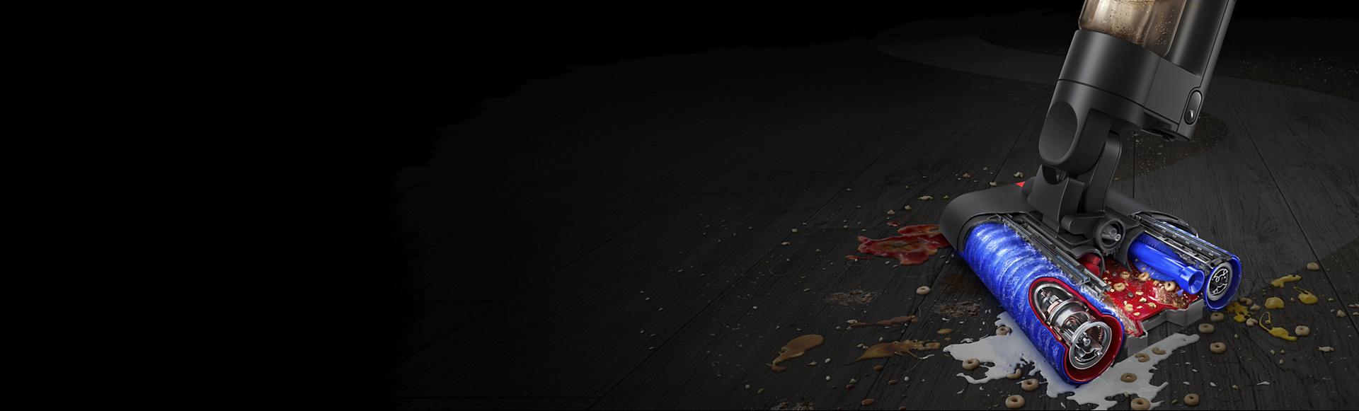 A close-up cutaway showing the engineering inside the Dyson Wash G1 wet floor cleaner.