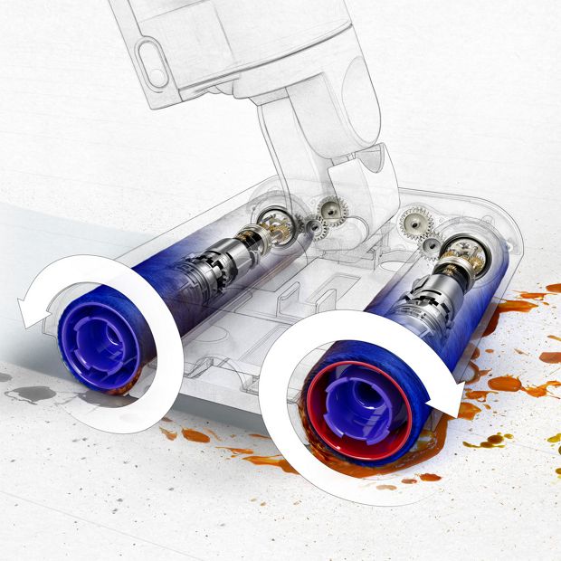 Close-up cutaway of the counter-rotating motorised rollers.