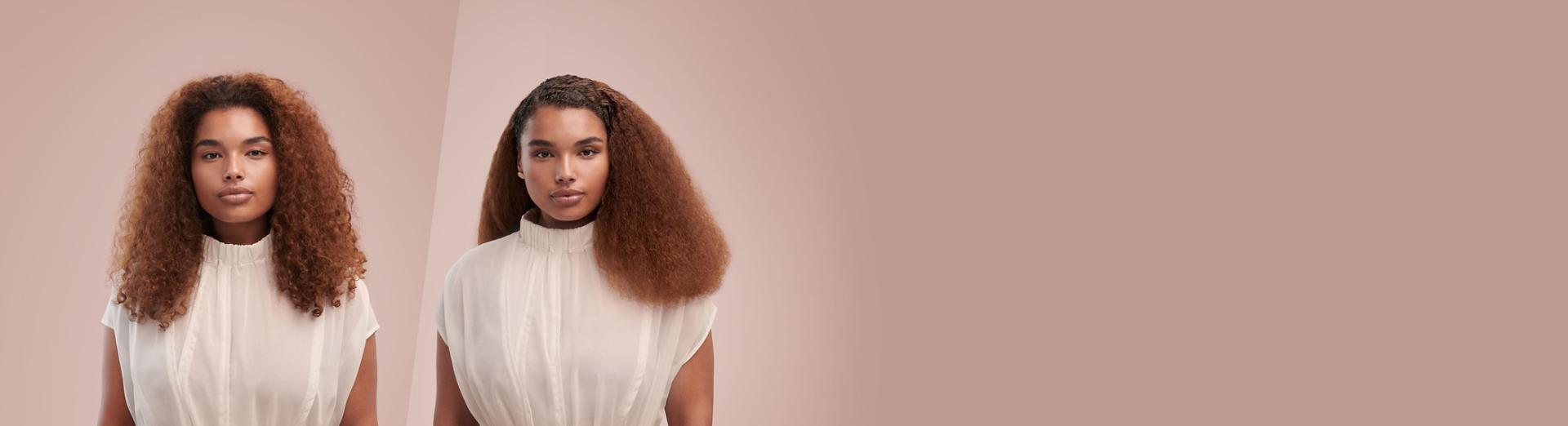 سيدة قبل وبعد تصفيف شعرها للحصول على بلو آوت ممتد