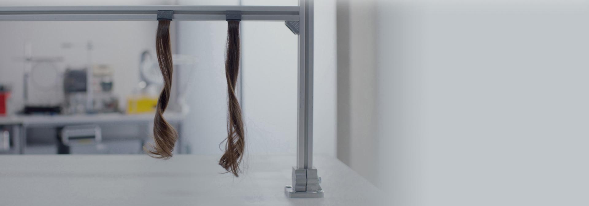 Two sections of hair hang up in a Dyson lab.