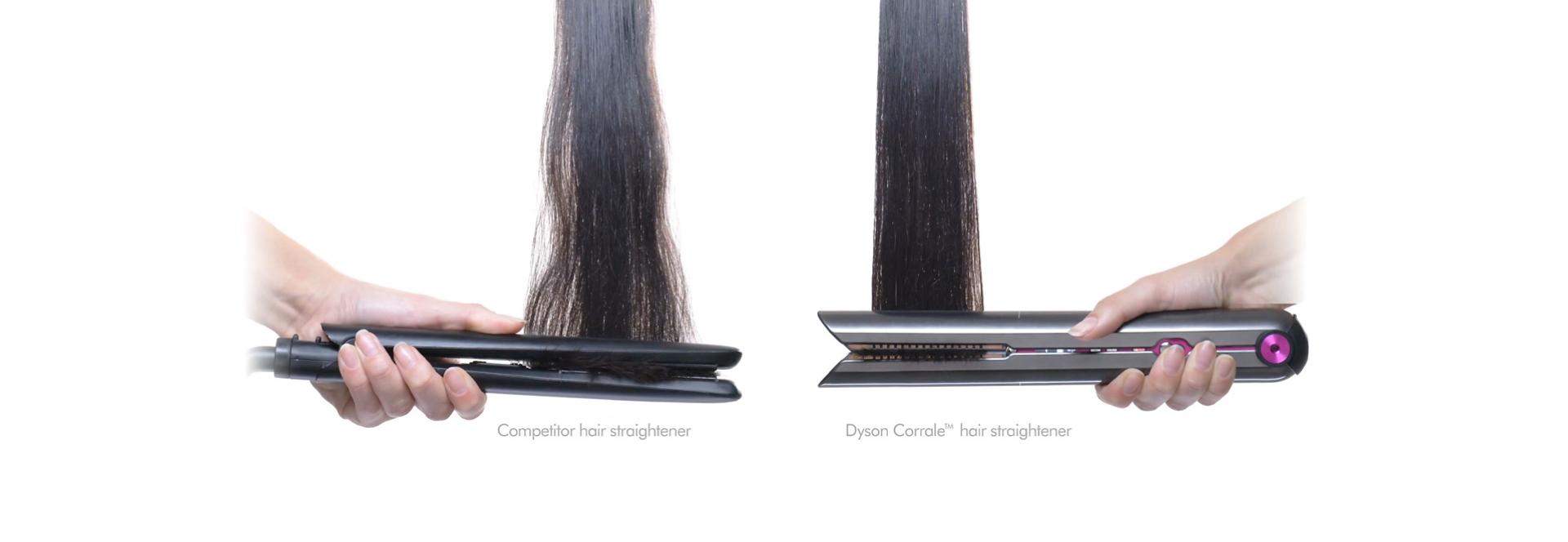 مقارنة بين الشعر الذي تم تمليسه باستخدام أجهزة تمليس الشعر المنافسة والشعر الذي تم تمليسه باستخدام جهاز Dyson Corrale.