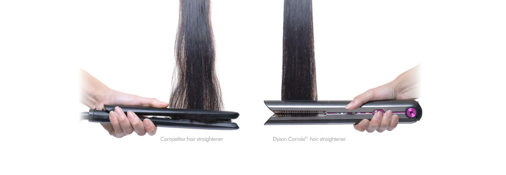 مقارنة بين الشعر الذي تم تمليسه باستخدام أجهزة تمليس الشعر المنافسة والشعر الذي تم تمليسه باستخدام جهاز Dyson Corrale.