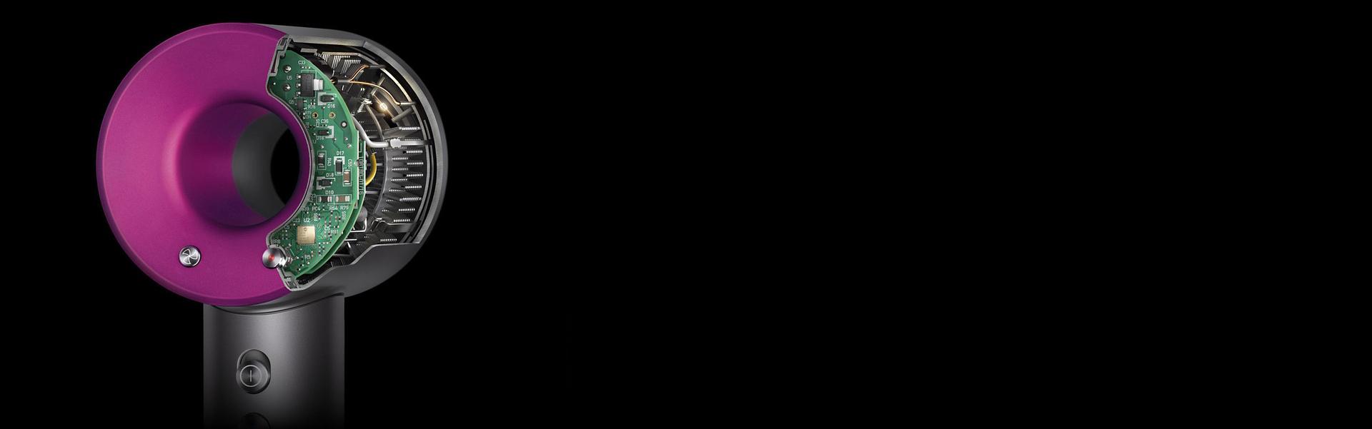 Dyson Supersonic saç kurutma makinesinin akıllı ısı kontrol teknolojisi ile sağlanan hava akımının kesit görünümü.