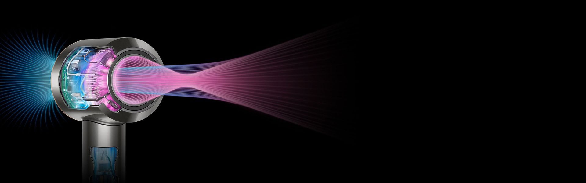 A cutaway of the Dyson Supersonic hair dryer showing internal components and airflow projected from the aperture.