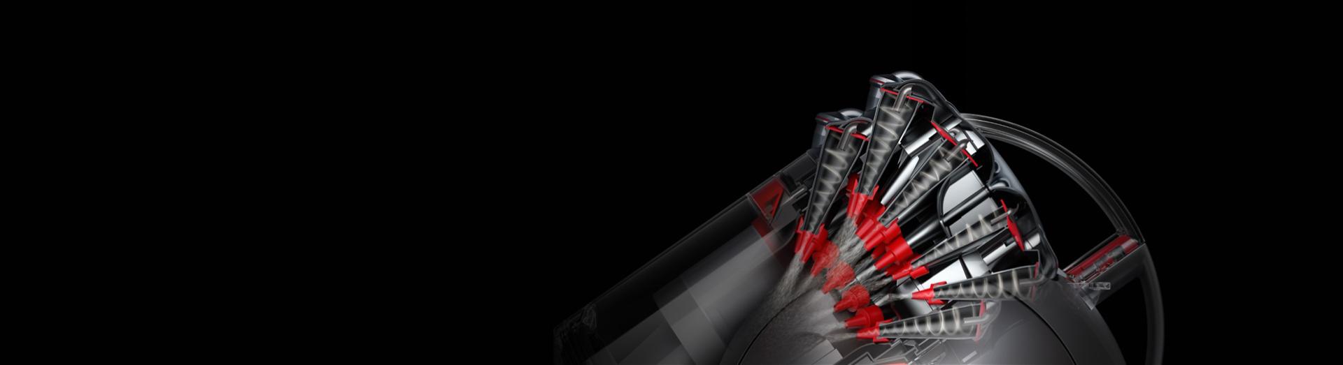 Dyson silindir süpürgedeki siklonların kesit grafiği.