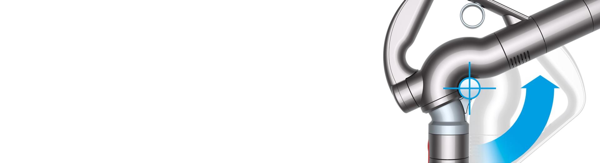 Eklemli boynun sunduğu aralığını gösteren grafik eşliğinde Dyson Cinetic Big Ball boru.