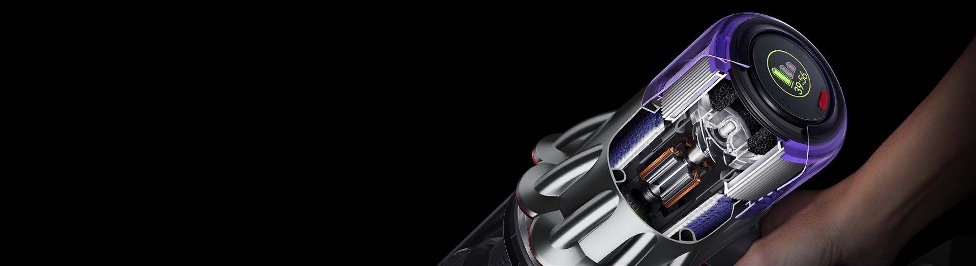 ภาพตัดขวางซูมใกล้แสดงให้เห็นมอเตอร์ที่อยู่ภายในเครื่องดูดฝุ่น Dyson Digital Slim